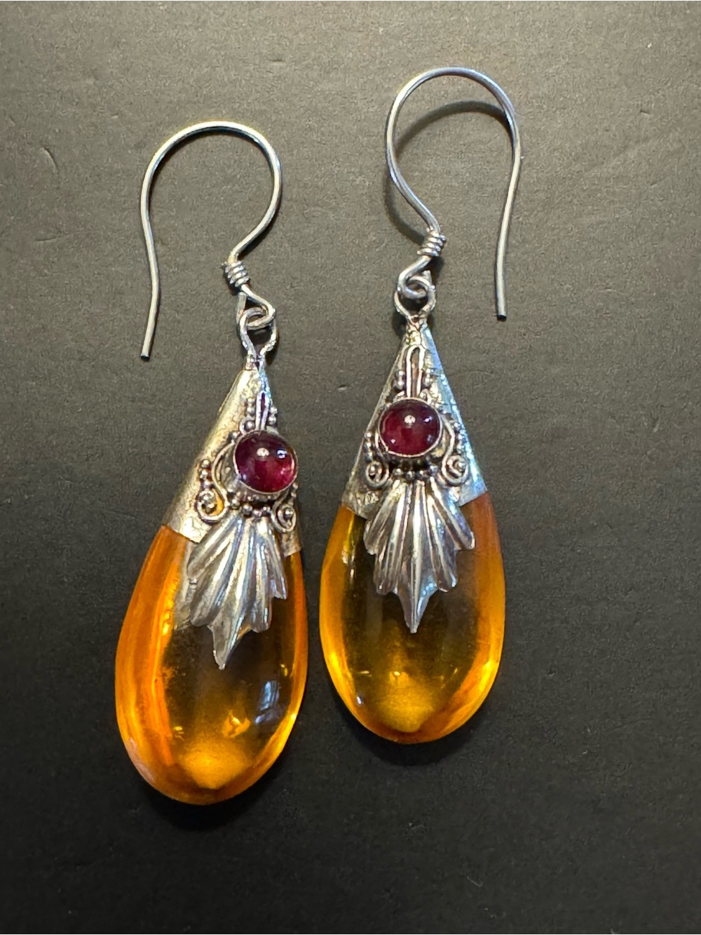 Sterling Silver Amber Garnet Teardrop Earrings 1.75”